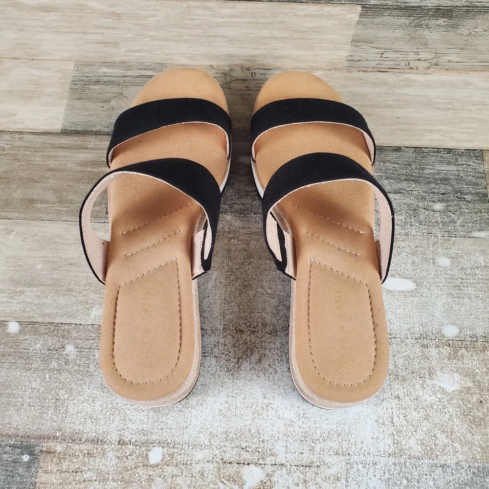 Kelly & Katie Tiama Womens Wedge Sandals 11 Black Brown Open Toe Woven Heel